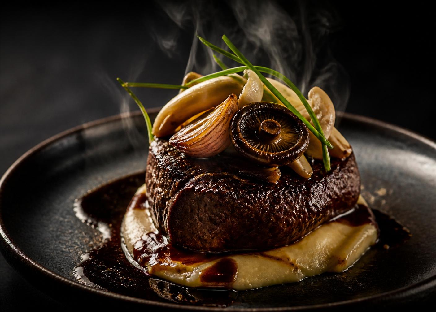 Detalj plating fine dining jela u dramatičnom svjetlu